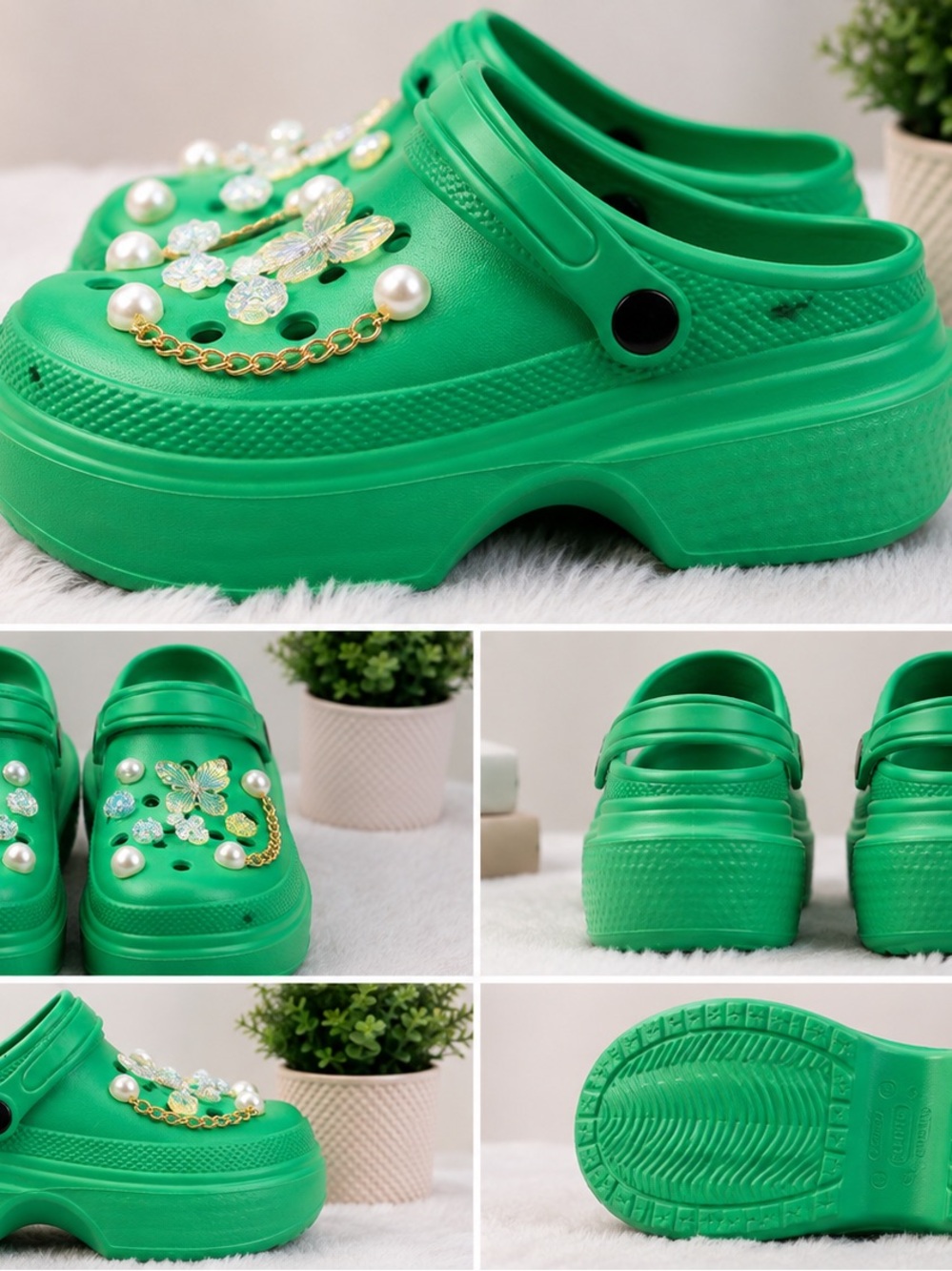 Kids Green Platform Clog Shoes with Decorative Pearls and Chains